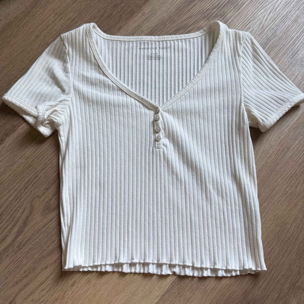 American Eagle White Ribbed Henley Baby Tee Short Sleeve Fitted Top Small